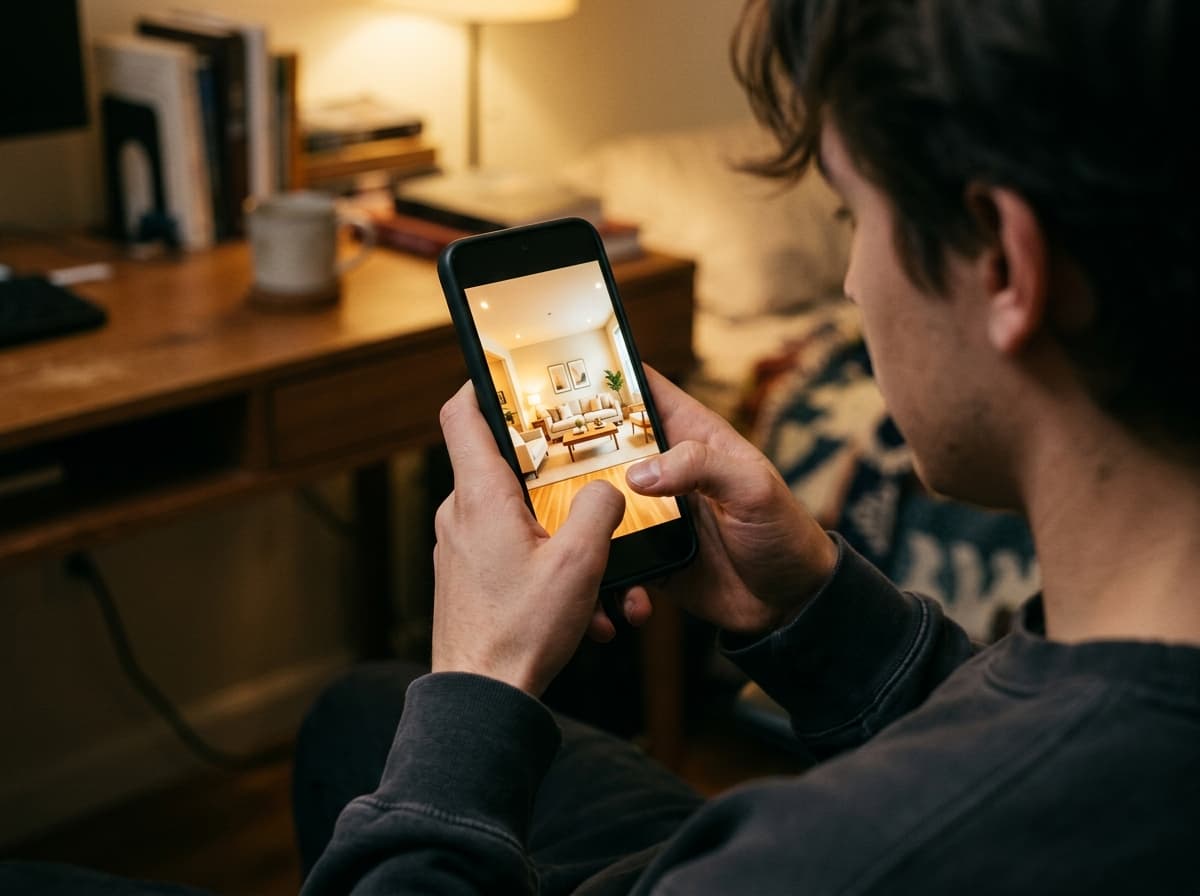 Studente controlla segnali sospetti in un annuncio di affitto online sullo smartphone